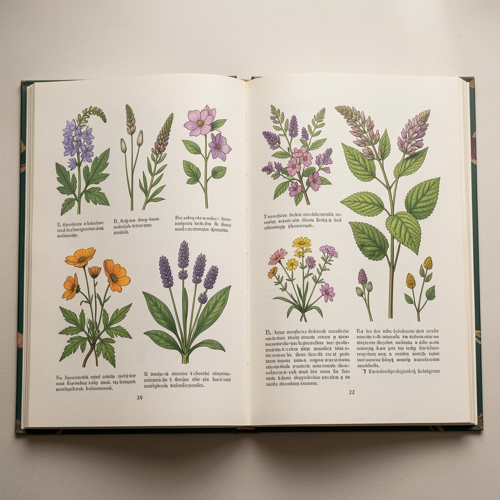 Stare drukowane strony z ilustracjami botanicznymi i opisami roślin, nawiązujące do wczesnych koncepcji dietetyki i ziołolecznictwa