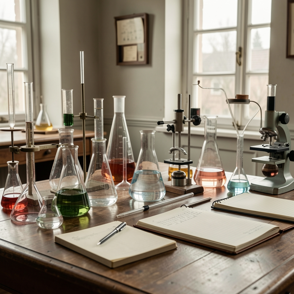 Stare laboratorium z szklanymi naczyniami, przyrządami pomiarowymi i notatnikami – nawiązanie do badań naukowych nad metabolizmem z początku XX wieku