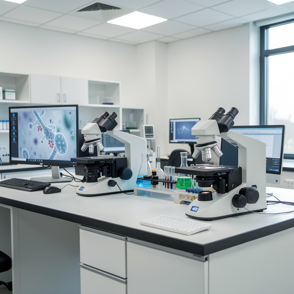 Nowoczesne laboratorium z mikroskopami i komputerami – symbolizujące współczesne badania nad mikrobiomem i nutrigenomiką